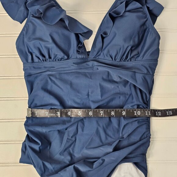 Cupshe Women's Blue Ruffled V Neck Lace Up Back One Piece Swimsuit Size M NWT - Picture 12 of 13